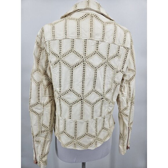 New Tahari Faux Leather Paneled Moto Jacket Womens 14 Cream - Picture 3 of 8